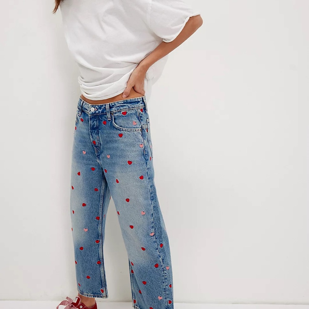 We The Free Blue Straight Leg Jeans with Red Hearts